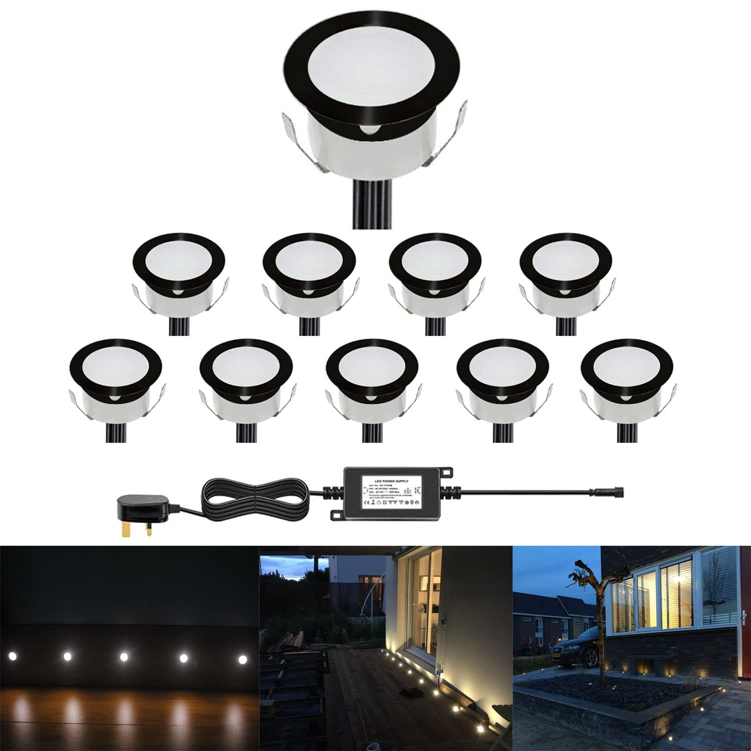 CHNXU Low Voltage Outdoor LED Decking Lights 30mm Recessed Garden Lights Waterproof IP67 Deck Lighting Kits for Kitchen Plinths, Bathroom, Patio Deck, Yard, Garden (10 Pack, Cold White (Black))
