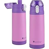 Bentology Stainless Steel 13 oz Reusable Water Bottle for Kids, Pink- Double Wall Insulated, Spill Proof Lid w/Built-in Straw- Keep Liquids Hot or Cold- Easily Fits in Lunch Boxes & Bags