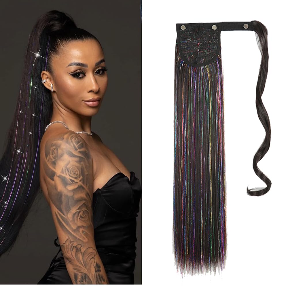 ponytail hair extension Long Straight Wrap around Ponytail Extension with Glitter Hair Tinsel DIY Hair Extensions for Braiding Natural Soft Synthetic Hair piece for Women Girls (#2 Black,22Inch) — image 1