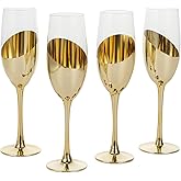 MyGift 6 oz Modern Brass Tone Metallic Plated Stemmed Champagne Flutes, Sparkling Wine Stemware, Wedding Party Toasting Glasses with Angled Design, Set of 4