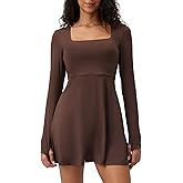 SUHK ASANA Square Neck Long Sleeves Tennis Dress One Piece Exercise Dress with Built-in Bra