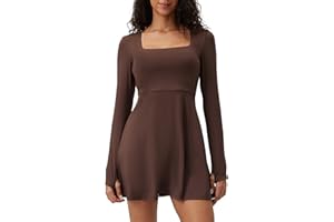SUHK ASANA Square Neck Long Sleeves Tennis Dress One Piece Exercise Dress with Built-in Bra