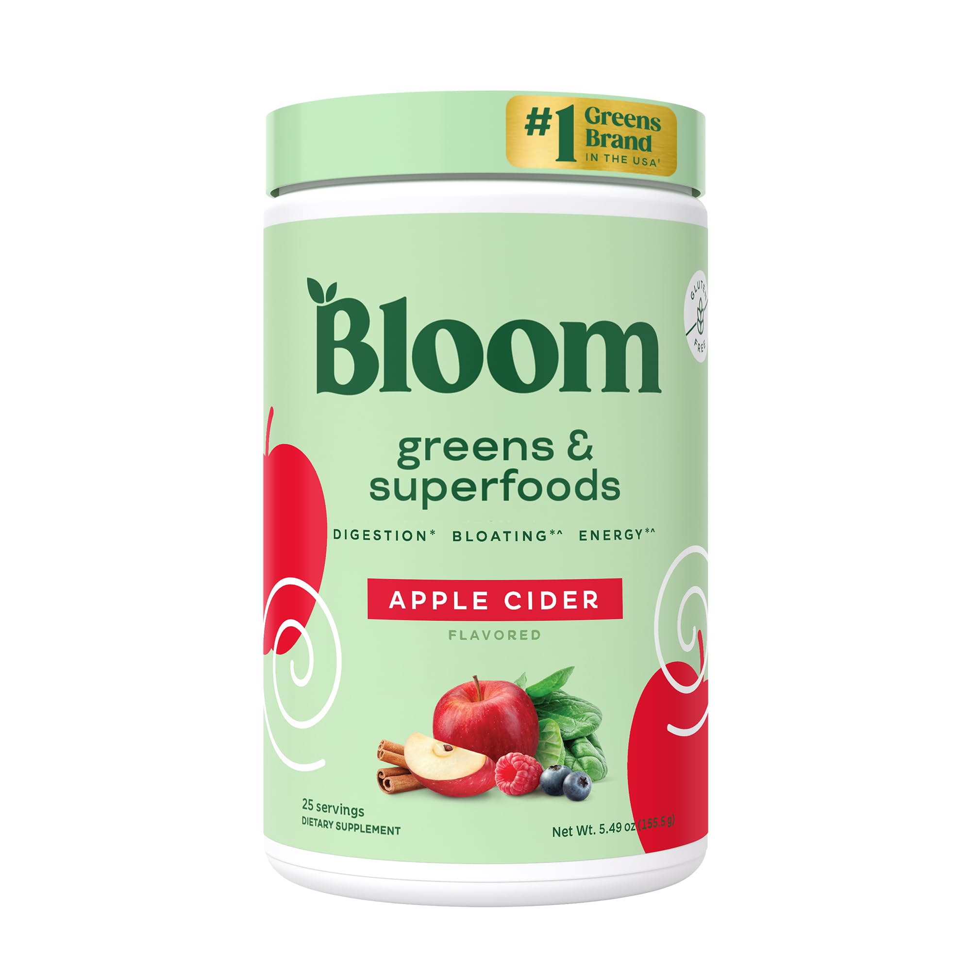 Photo 1 of Bloom Nutrition Superfood Greens Powder, Digestive Enzymes with Probiotics and Prebiotics, Gut Health, Bloating Relief for Women, Chlorella, Green Juice Mix with Beet Root Powder, 25 SVG, Apple Cider