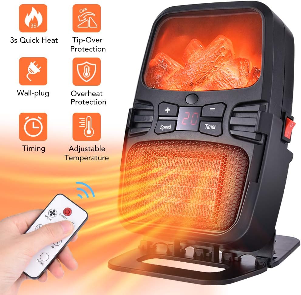 Electric Heater Fan, 2 in 1 Desktop Wall-plug Portable Flame Heater Space Heaters with 17 Adjustable Temperature, Timing, Ceramic Heater with Overheat and Tip-Over Protection, Energy Efficient