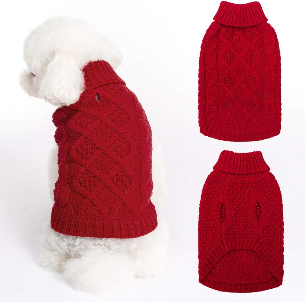 MihachiTurtleneck Dog Sweater - Winter Coat Apparel Classic Cable Knit Clothes with Leash Hole for Cold Weather, Ideal Gift for Pet in New Year