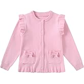 Girls Cardigan Sweater School Uniforms Button Crewneck Cute Ruffle Long Sleeve with Pockets Bowknot Knit Tops