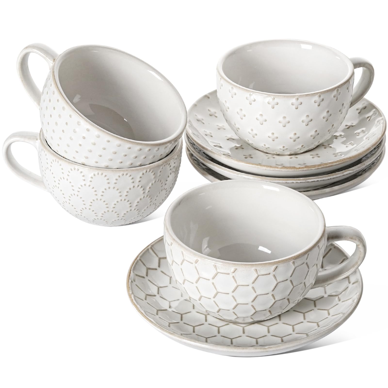 Photo 1 of LE TAUCI Cappuccino Cups with Saucers 8 oz, Ceramic Large Coffee Cup for Au Lait, Double shot, Latte, Cafe Mocha, Tea, Dishwasher Safe - Set of 4, Arctic white
