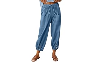 yardsong Womens Capris Cotton Linen Summer Beach Pants Floral Print Drawstring Elastic Waist Boho Pants with Pockets