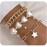 Navirix 4 Pcs Gold Pearls Heart Bracelets Set for Women Stackable Cuban Link Chain Bangles Adjustable Paperclip Link Star Bracelets Jewelry Accessories