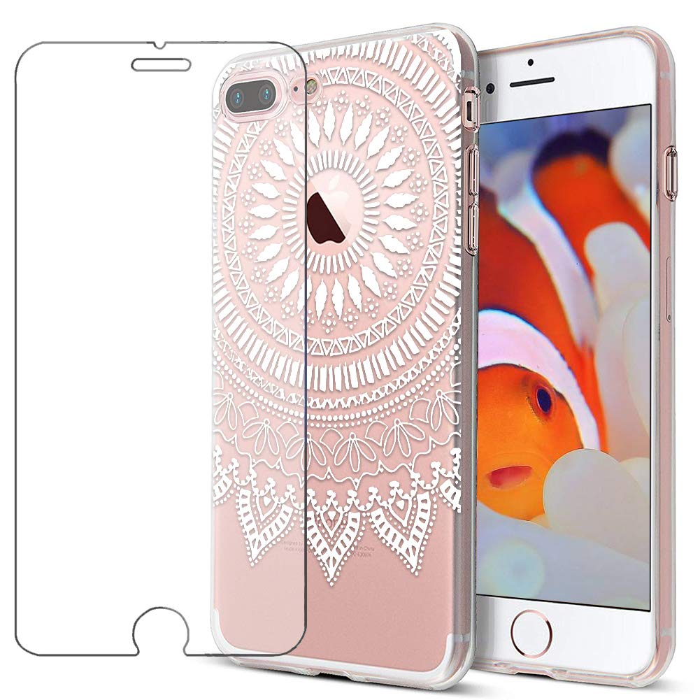 MadBee iPhone 8 Plus/ 7 Plus Case + Tempered Glass Screen Protector, Colorful Pattern Printed Design Clear Soft Flexible TPU Protective Cover Case for Apple iPhone 8 Plus/iPhone 7 Plus 5.5" (White 3)