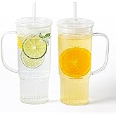GOSCHE Glass Cups with Lids and Straws, 24oz Clear Iced Coffee Cups with Handle, Glass Tumbler with Straw and Lid for Smoothie Water Tea Juice, Clear, 2 Pack