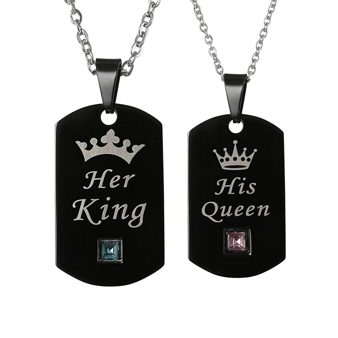 Cupimatch Paare Halskette mit Gravur His Queen Her King für Sie und Ihn Pärchen Kette Verliebte Edelstahl Zirkonia Anhänger 4