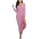 COLORFULLEAF Nightgowns for Women Long Sleeve V Neck Nightshirts Soft Full Length Sleepwear with Pockets