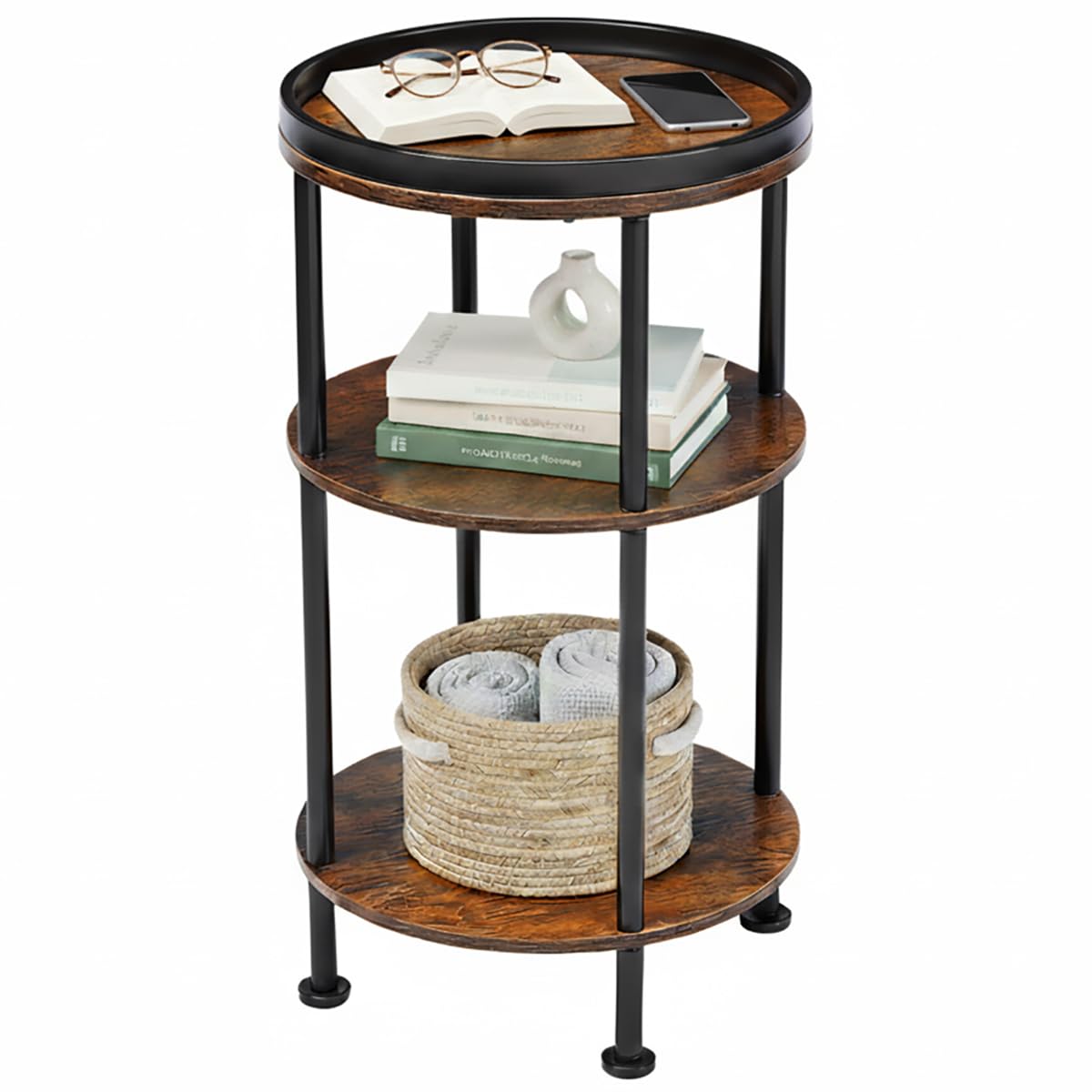 YEAKOO Nordic End Table, 3-Tier 30cm Round Side Table with Storage Shelf Edge Protection Tray, Sturdy Metal Frame Coffee Table Bedside Table for Living Room Bedroom Small Spaces-Rustic Brown