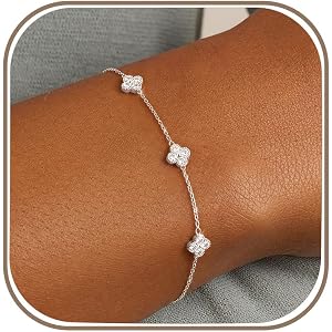 TOSGMY Dainty Silver Gold Bracelets for Women Trendy Non Tarnish 14K Gold Plated Cute Clover Bracelet Stackable Daisy Cubic Z