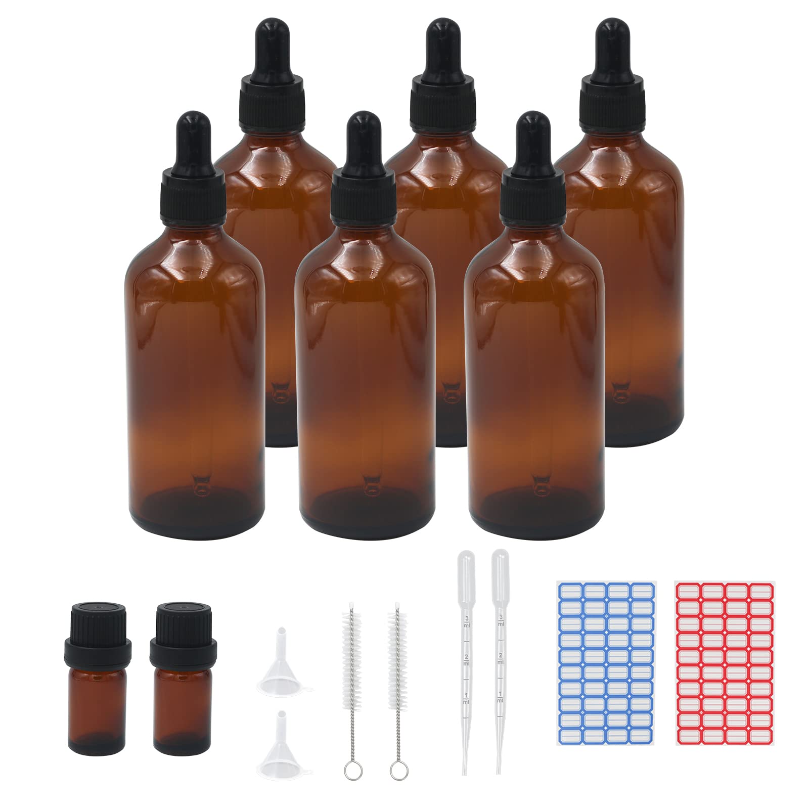 Reyshin 100ml Glass Dropper Bottles, 6 Pack Amber Glass Bottle with Dropper Pipettes Refillable Sample Dropper Bottle for Essential Oil Massage Aromatherapy Eye Drops (100ml amber)