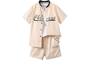 COZYEASE Boys' 2 Piece Striped Print Button Down Shirt with Drawstring Waist Shorts