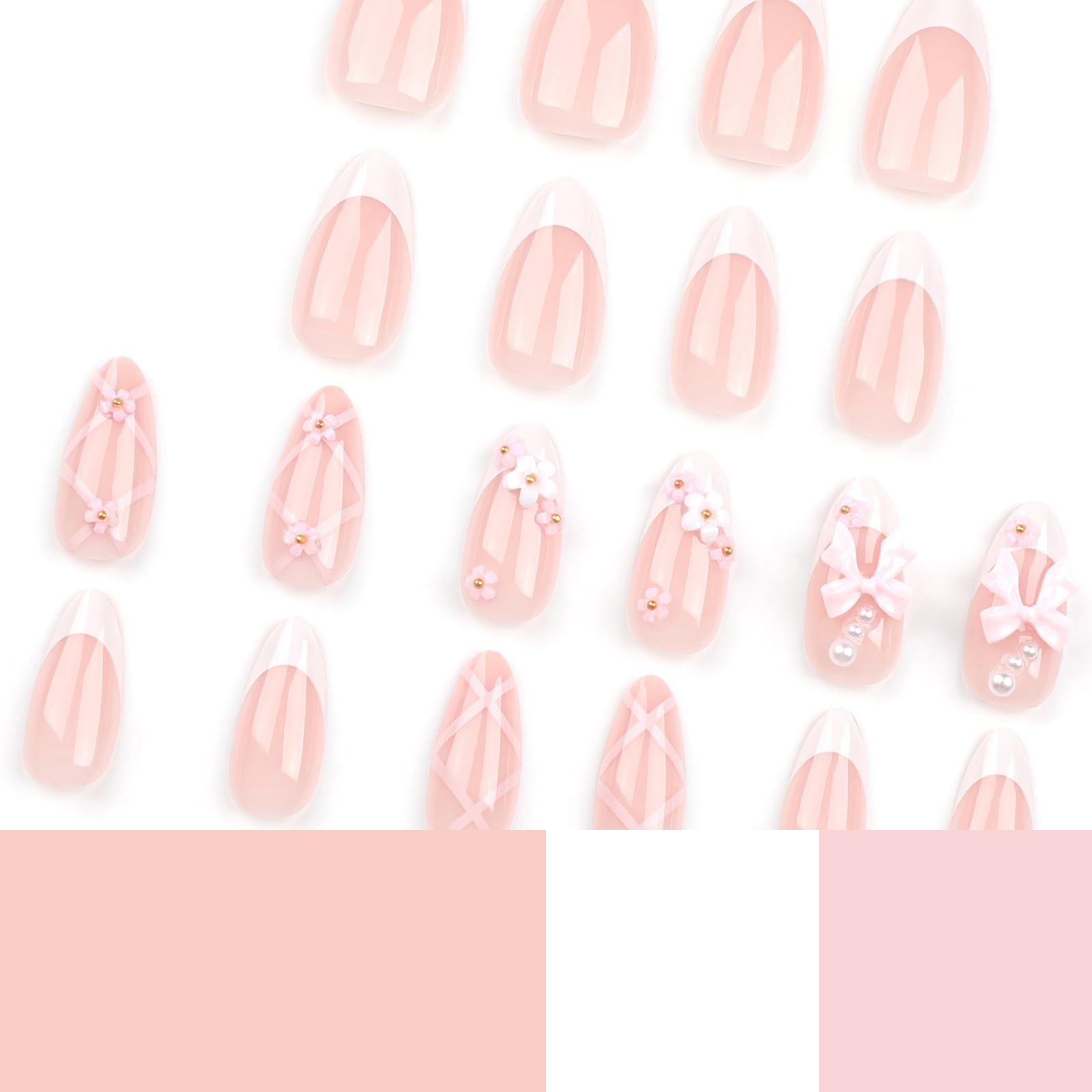 LPOODDNU Medium Almond Press on Nails White French Tips Pink Fake Nails with 3D Flower Bow Charms Acrylic Nails Press ons Cute Design Glue on False Nails Reusable Stick on Nails 24pcs - Image 4