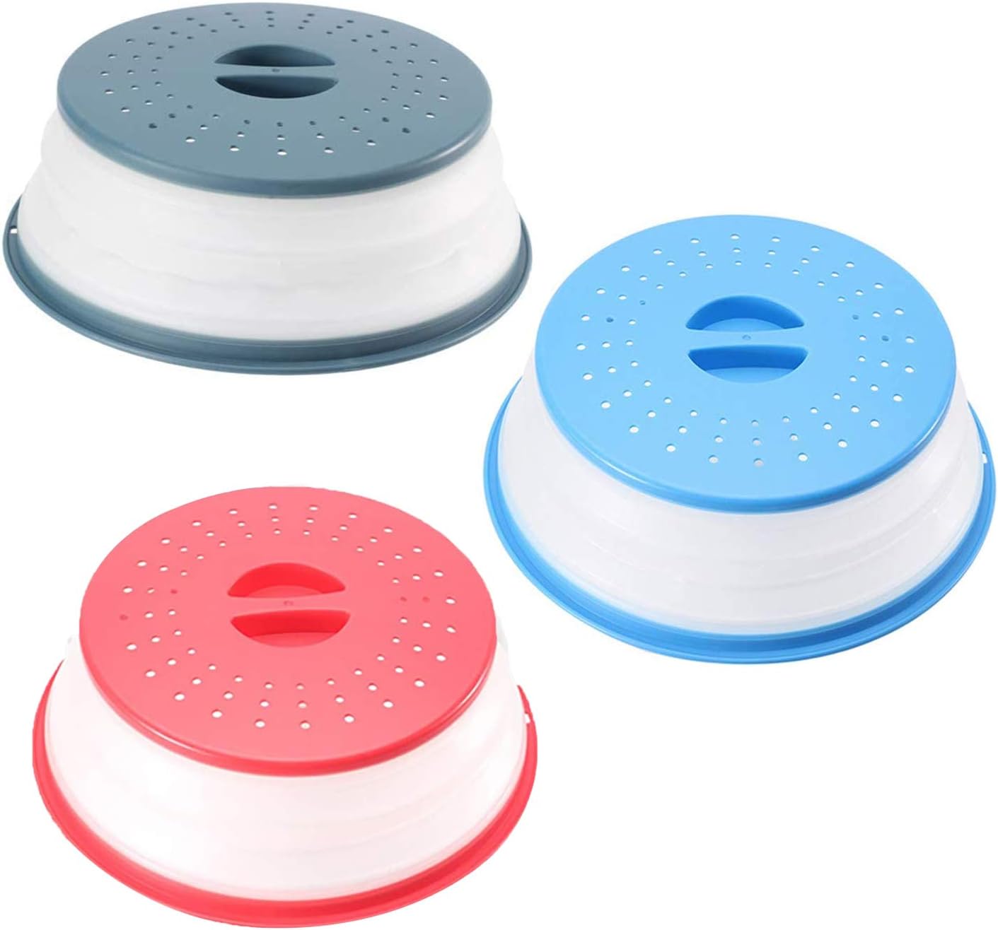 3-Pack Collapsible Microwave Splatter Proof Food Plate Cover Non-Toxic, BPA-Free Silicone & Plastic and Dishwasher Safe 10.6 inch Round (Red? Blue?Ink-blue)