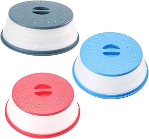 3-Pack Collapsible Microwave Splatter Proof Food Plate Cover Non-Toxic, BPA-Free Silicone & Plastic and Dishwasher Safe 10.6 inch Round (Red? Blue?Ink-blue)