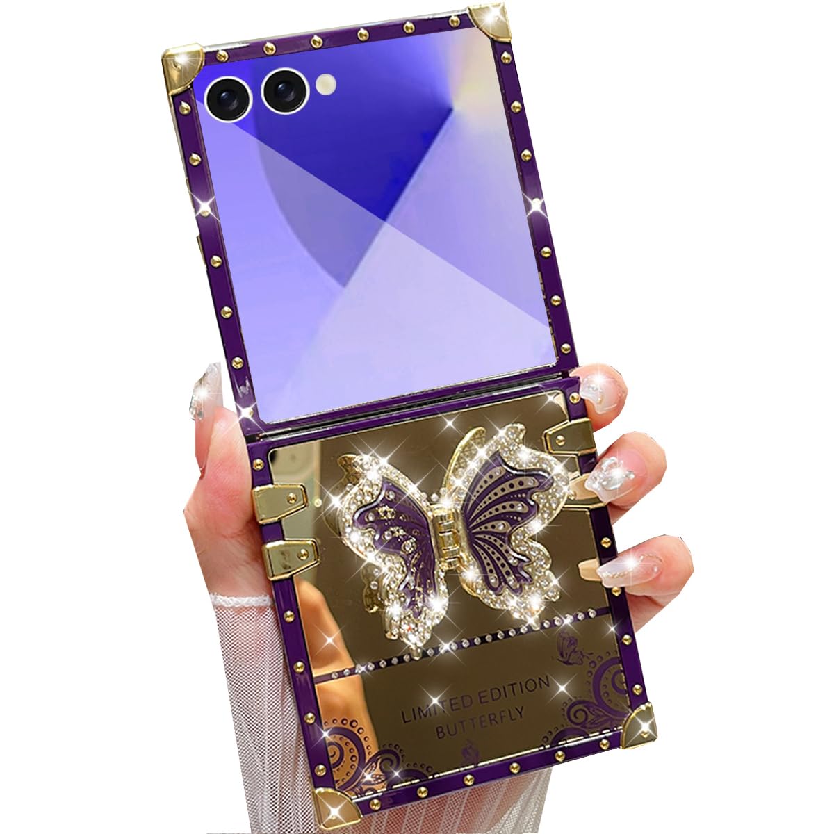 Changjia for Samsung Galaxy Z Flip 7 Glitter Kickstand Case, Cute Luxury Bling Sparkly Diamond Butterfly with Foldable Stand Mirror Back Elegant Shockproof Women Girls Cover for Galaxy Z Flip 7,Purple