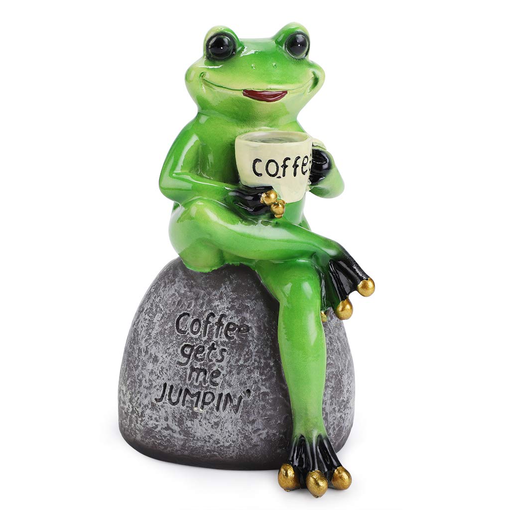 Sumnacon Resin Frog Figurines Sitting on Stone Statue Cute Creative Funny Green Frog Sculpture for Decoration Drinking Coffee