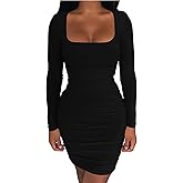 Kaximil Women's Sexy Bodycon Ruched Mini Club Dress Long Sleeve Basic Casual Dresses