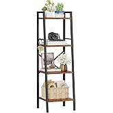 Furologee 4 Tier Ladder Bookshelf Narrow, Metal Wooden Ladder Shelf Bookcase with 2 Hooks, Small Rustic Brown Bookshelves Free Standing, Skinny Leaning Book Shelves for Bedroom Bathroom Living Room