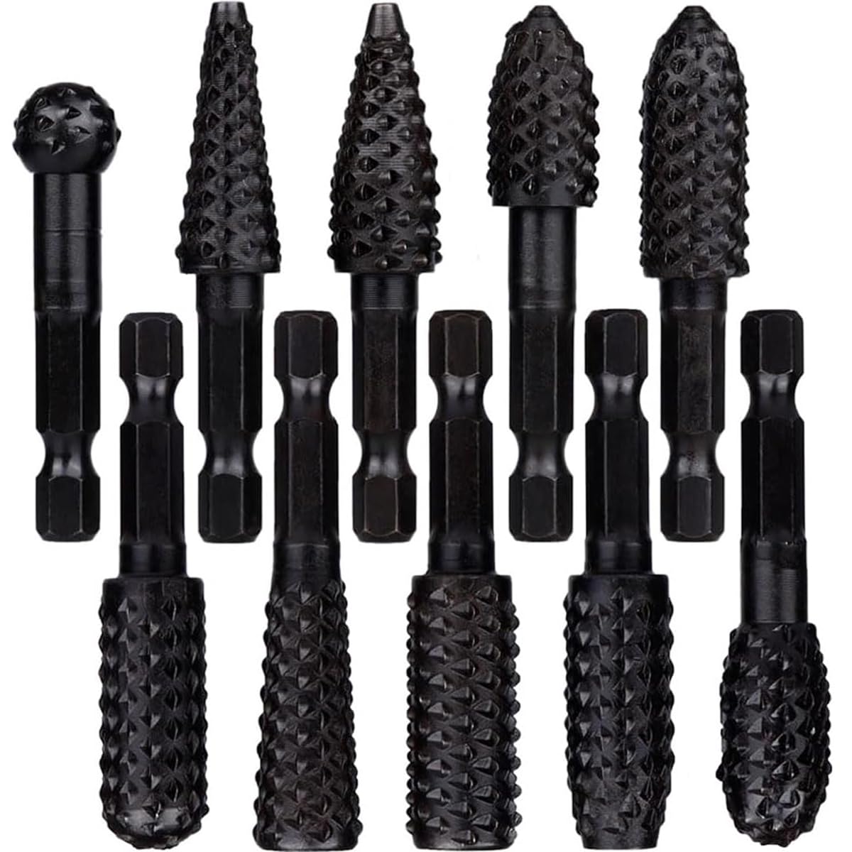 Photo 1 of ?Wolfride 10Pcs Rotary Rasp File Set, 1/4 Inch Hex Shank Rotary Burrs Wood Carving Drill Bits for Wood Polishing