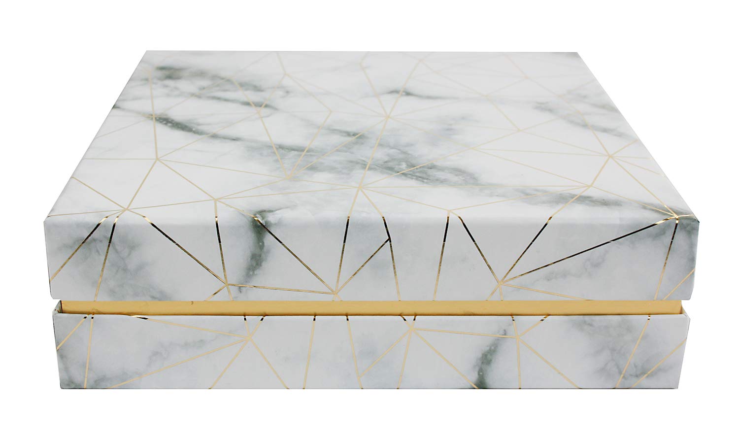Emartbuy Rigid Square Luxury Presentation Gift Box, 17 cm x 17 cm x 5 cm, White Marble Effect with Gold Origami Lines and Pink Chequered Interior