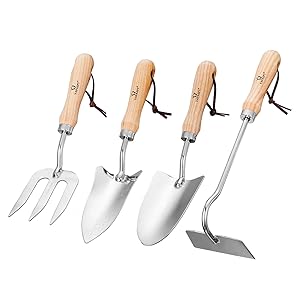 Gardening Tool Sets – 4 Piece Heavy Duty Garden Hand Tools Kits with Wood Handle and Stainless Steel Head – Trowel Cultivator Transplanter and Weed Fork - by YAPASPT
