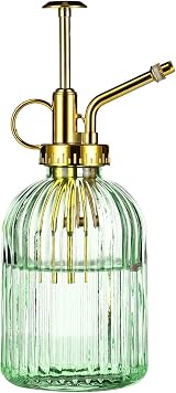 Eidoct Green Glass Spray Bottle 10.5oz Gold Top Plant Mister 7.5in