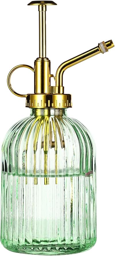 Eidoct Green Glass Spray Bottle 10.5oz Gold Top Plant Mister 7.5in