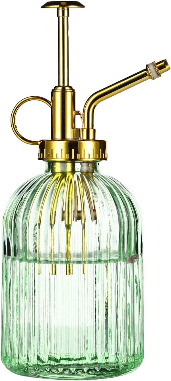 Eidoct Green Glass Spray Bottle 10.5oz Gold Top Plant Mister 7.5in