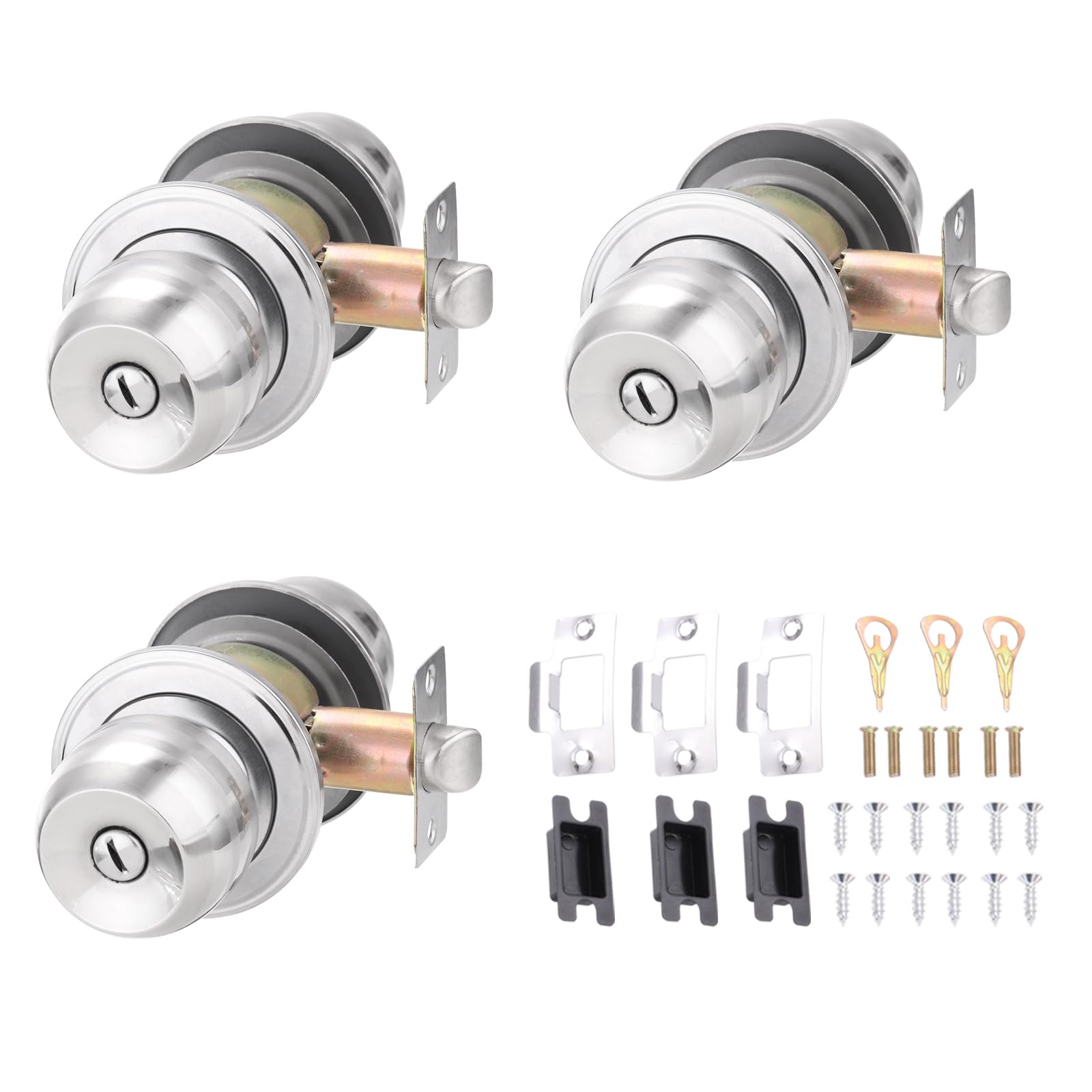 PATIKIL Privacy Keyless Door Knobs Interior 60mm/2.4inch, 3 Pack Round Stainless Steel Bedroom Bathroom Door Knob with Lock Entry Indoor Outdoor Door, Silver