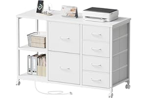 6 Drawer File Cabinet with Charging Station Rolling Printer Stand with Open Storage Shelf Fabric Lateral Filing Cabinet for H