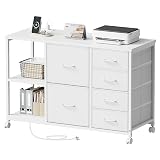 Maihail 6 Drawer File Cabinet with Charging Station Rolling Printer Stand with Open Storage Shelf Fabric Lateral Filing Cabinet for Home Office,White