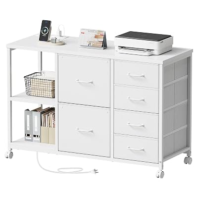 Maihail 6 Drawer File Cabinet with Charging Station Rolling Printer Stand with Open Storage Shelf Fabric Lateral Filing Cabinet for Home Office,White