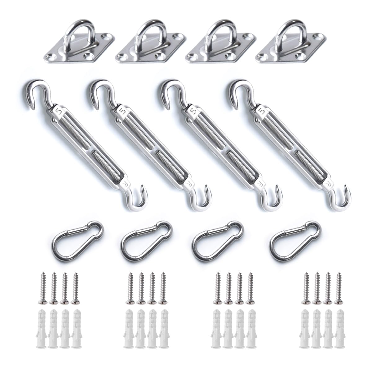 Awning Attachment Set, Shade Sail Installation Kit, 304 Stainless Steel Anti-Rust Fixing Hardware for Square and Triangle Shade Sails (12-Piece Set + 16 Screws)
