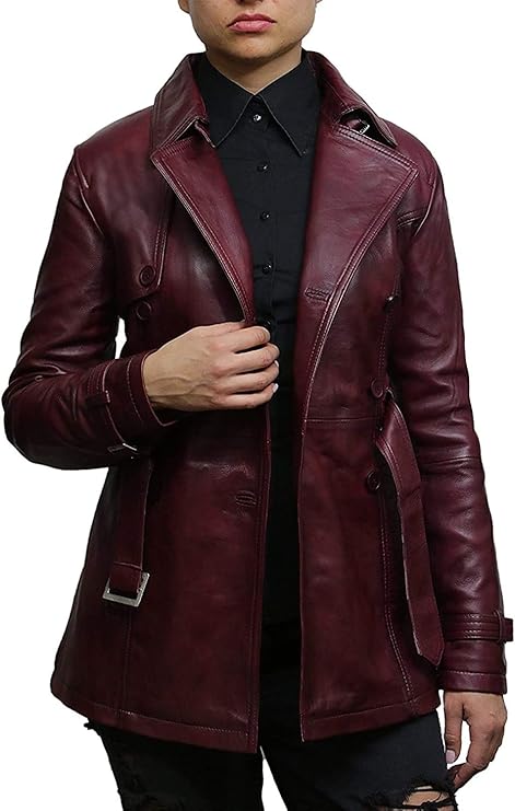 Women's Leather Maroon Coat Long Belted Real Leather Trench Winter Fashion Coat at Amazon Women 
