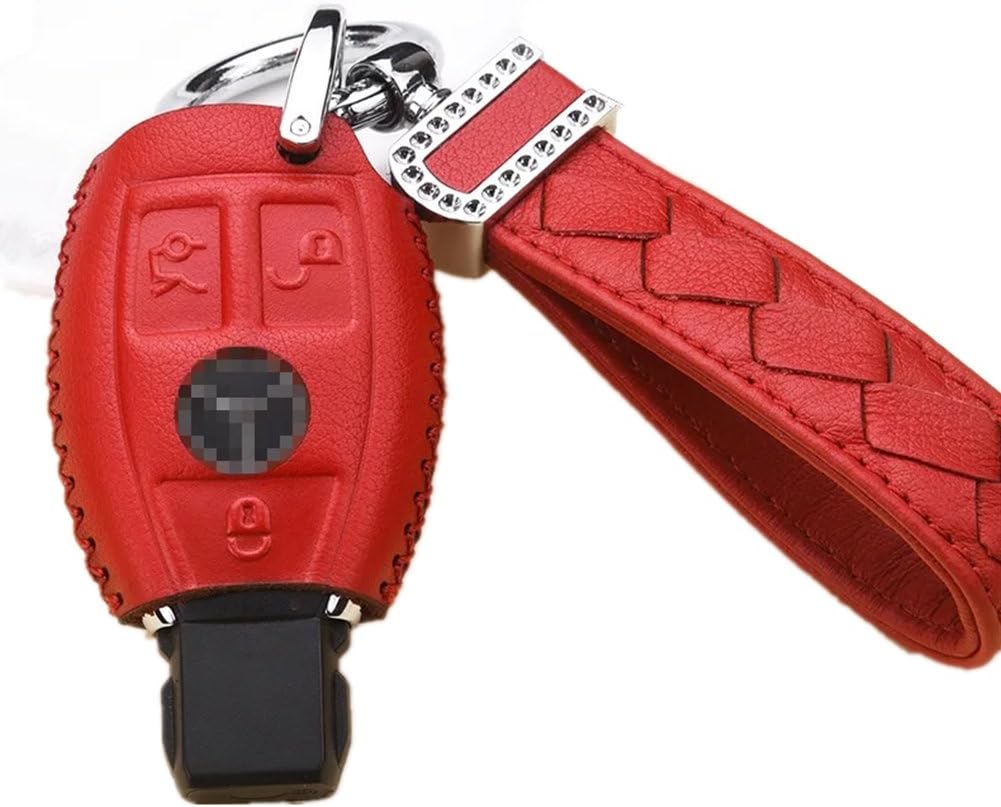 Womens Red Genuine Leather Key Case Cover Shell for Mercedes-Benz 3-Button Keyless Entry Remote Control Smart Car Key Protection Fob Skin Cover Etui with Diamond Braided Key Chain & Key Rings