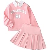 Ecolala Girls 2 Piece Outfits Cute Preppy Graphic Long Sleeve Sweatshirt and Pleated Skirt Set
