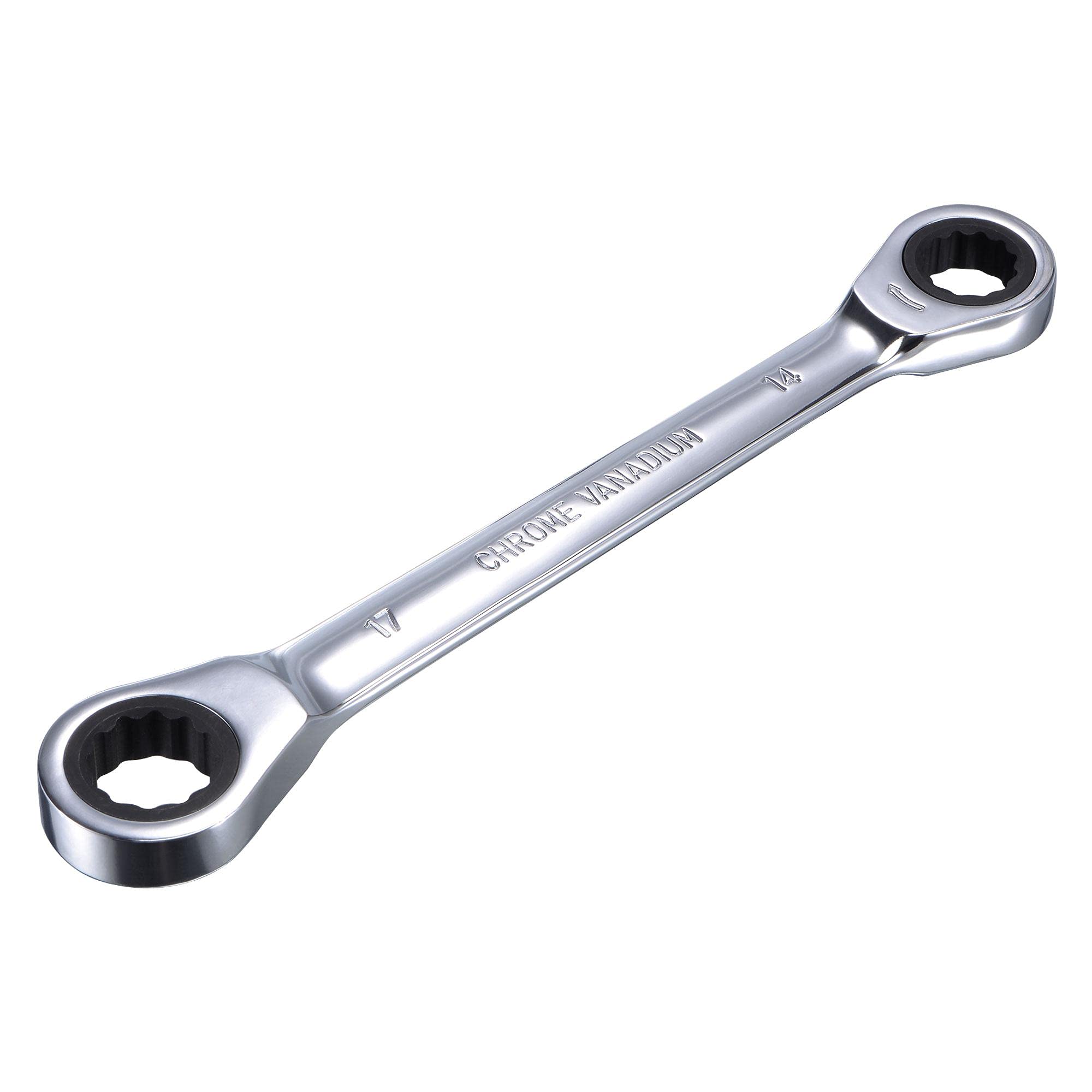 sourcing map Double Box End Ratcheting Wrench (14mm x 17mm) Metric 72 Teeth 12 Point Ratchet Spanner Tools, CR-V