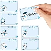 Whaline 120Pcs Christmas Name Tag Stickers Blue Winter Snowman Self Adhesive Decals Blank Name Labels for Home Classroom Office