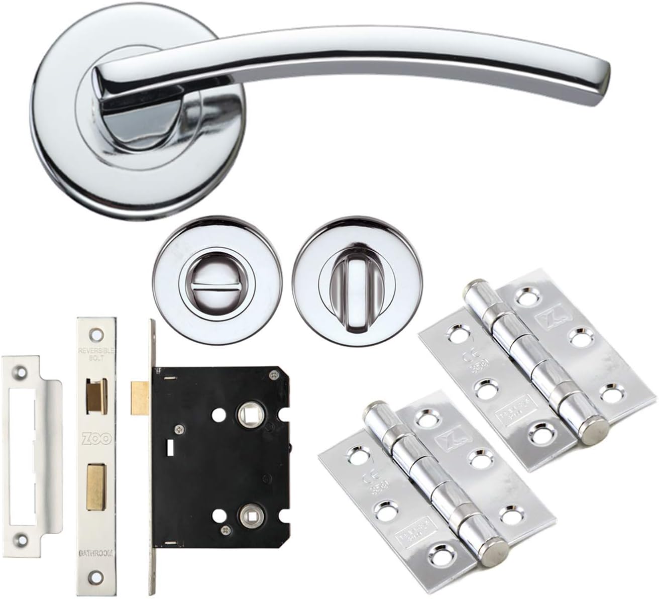 Toledo Lever Internal Door Handle Furniture Packs on Rose with Ball Bearing Hinges Bathroom Pack - Polished Chrome