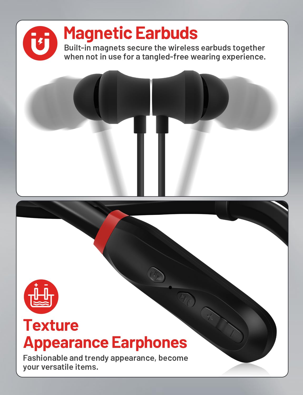 TERUBIN Neckband Bluetooth Headphones, 200H Long Playtime Wireless Stereo Neckband Earbuds with Microphone, Waterproof Around The Neck Headphones in Ear Headset for Sports/Workout/Office (Black)