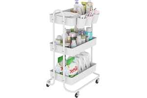 Sywhitta 3-Tier Storage Rolling Utility Cart with 3 Hanging Cups, Multifunctional Storage Trolley for Kitchen,Bathroom,Living Room,Office, White