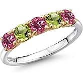 Gem Stone King 925 Silver and 10K Yellow Gold Pink Tourmaline and Green Peridot Wedding-Bands Ring For Women | 1.35 Cttw | Round 4MM | Gemstone October Birthstone