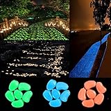 chic style 300pcs Glow in the Dark Pebbles Stone Garden Walkway Decor Outdoor Bulk Fish Tank Aquarium Glow Decorations Gravel Rocks (Blue Green Orange)
