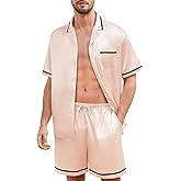 SWOMOG Men Satin Silk Pajamas Sets with Pockets Button-Down PJs Sets Short Sleeve Classic Sleepwear 2 Piece Loungewear